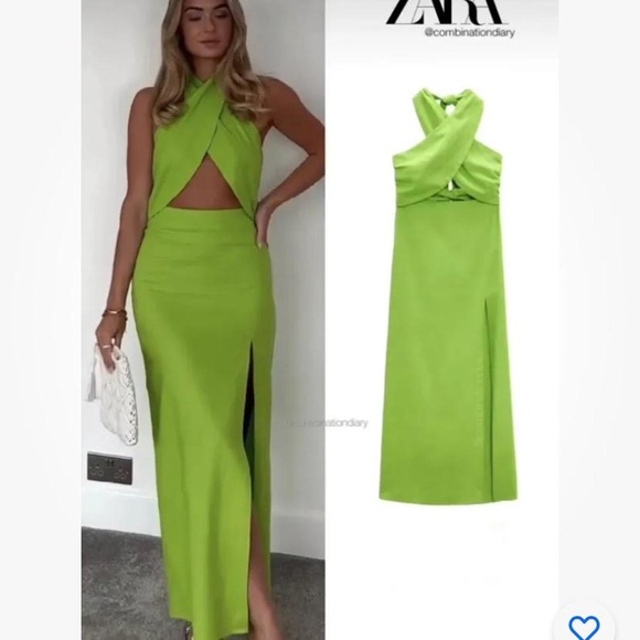 Zara Party Front Split Midi Dresses Linen Blend Cut Out Crossover Halter Dress - Picture 1 of 3